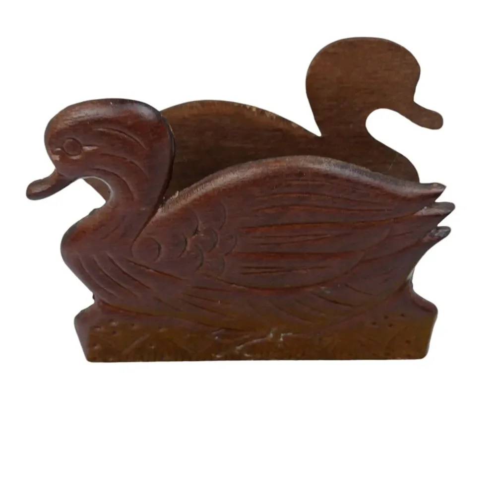 Vintage Wooden Duck Mallard Napkin Mail Holder Carved Office MCM
